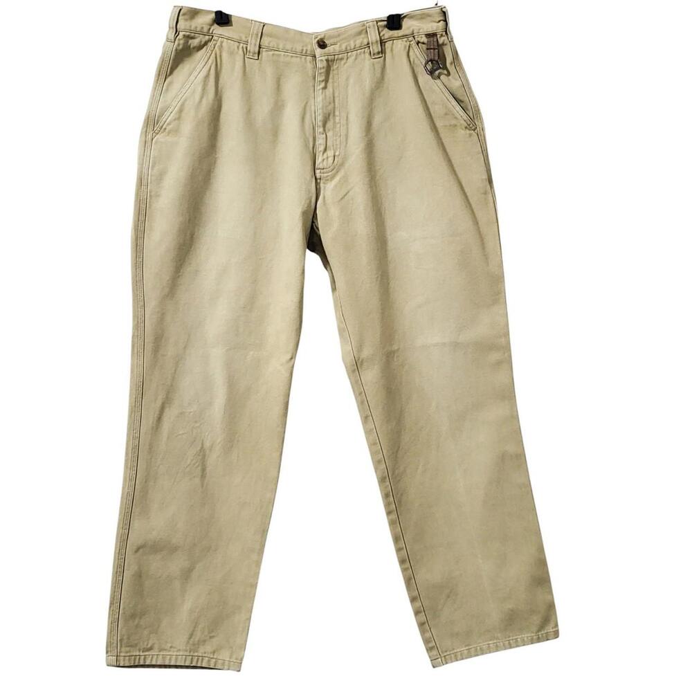 Orvis Canvas Rhinohide Pants Men's Size 34x31 Khaki Cotton Leather Trim Chinos